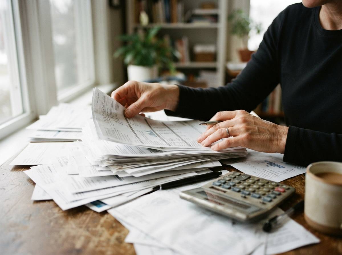 Hands sorting through printed student loan statements on a desk.