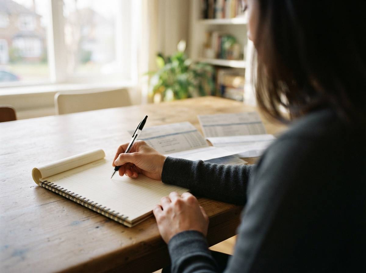 Hands writing a list of debts and interest rates on a notepad surrounded by bank statements.
