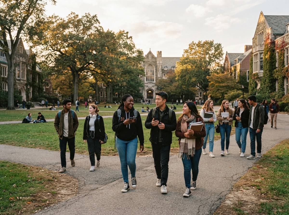 International students walk together across a university campus in the late afternoon.