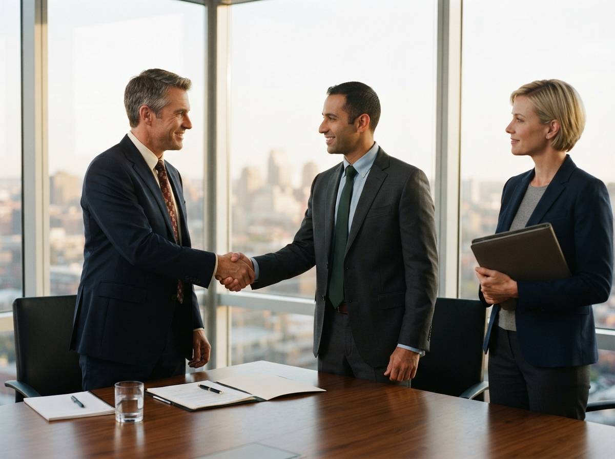 Two businesspeople shake hands over a signed trade finance document as a bank officer looks on.